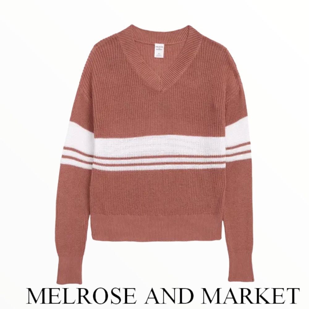 Melrose and Market Girls Varsity Sweater Tan Brown Stripe V Neck Size M 8 NWT - Picture 2 of 3